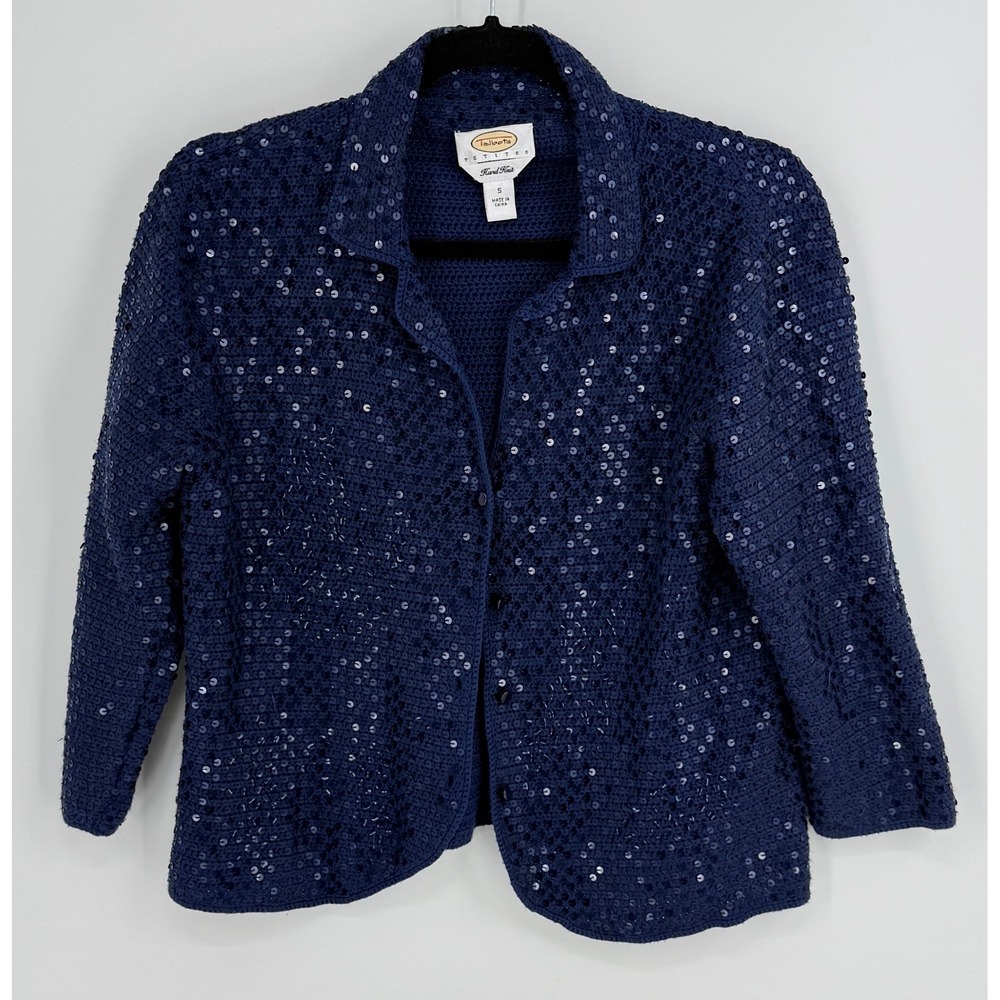 Talbots Petites Navy Blue Silk Cotton Hand Knit Sequin‎ Cardigan Sweater Small S
